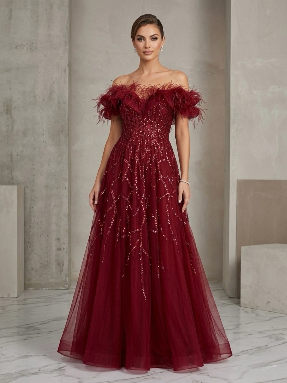 Off-Shoulder Burgundy Red Sequin Tulle Gown